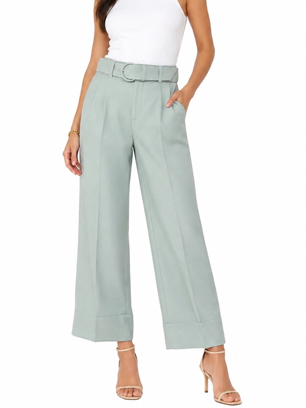 Club Monaco Belted Wool Blend Wide Leg Trousers Size 0 Sage Green